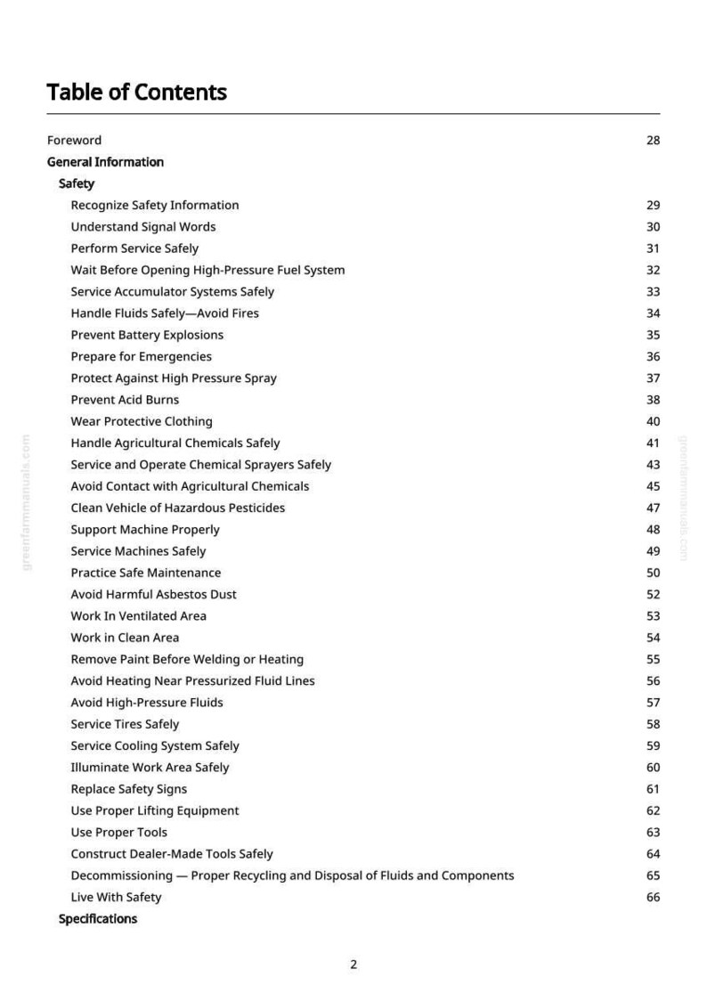 May include: A white page titled "Table of Contents" from a manual. The table lists safety topics such as "Prevent Battery Explosions" and "Avoid Harmful Asbestos Dust". Page numbers are listed on the right.