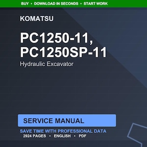 May include: A dark blue digital document cover featuring the Komatsu brand name and excavator model numbers PC1250-11 and PC1250SP-11. The text "Hydraulic Excavator" is below the model numbers. The document is labeled "Service Manual".