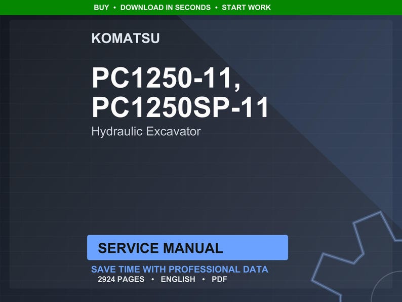 May include: A dark blue digital document cover featuring the Komatsu brand name and excavator model numbers PC1250-11 and PC1250SP-11. The text "Hydraulic Excavator" is below the model numbers. The document is labeled "Service Manual".