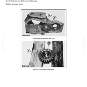 May include: Diagram of mechanical components with labels A, B, and C. The text reads "Check the drive hub" and provides inspection instructions for the drive hub, ball bearing, and shaft seal ring. Includes part numbers KM1000458 and ZX015023.