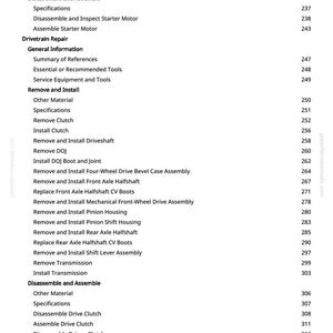 May include: A page from a manual with a list of automotive repair procedures, including starter motor removal, clutch installation, and axle halfshaft replacement. The text is black on a white background, with page numbers on the right.