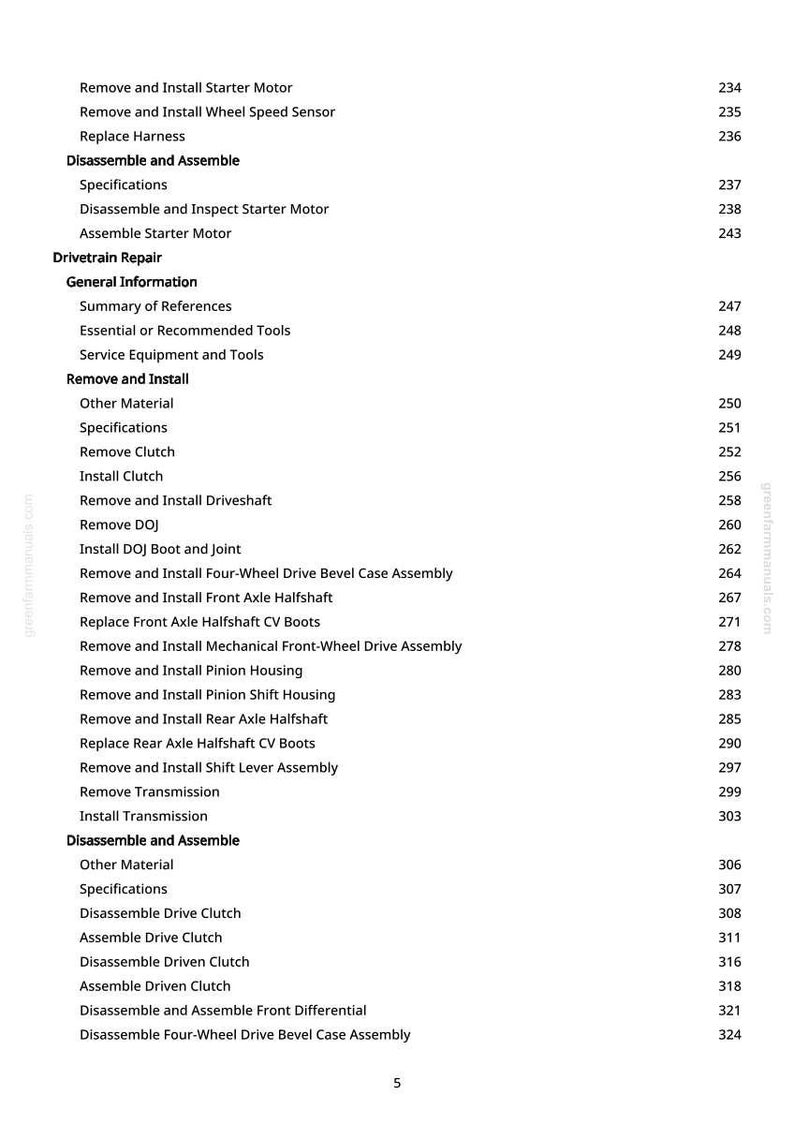 May include: A page from a manual with a list of automotive repair procedures, including starter motor removal, clutch installation, and axle halfshaft replacement. The text is black on a white background, with page numbers on the right.