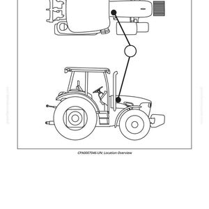 K&ouml;nnte beinhalten: Strichzeichnung eines Traktors, von der Seite und von oben dargestellt, verbunden durch eine Linie und einen Kreis. Die Seitenansicht zeigt Kabine, R&auml;der und Auspuff. Der Text "CPA0007046-UN: Location Overview" steht darunter.