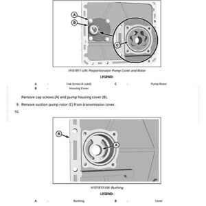 May include: Diagram of mechanical components, including a pump cover, rotor, and bushing. The image includes labels A, B, and C, with corresponding descriptions. Text indicates steps for removal and replacement of parts.