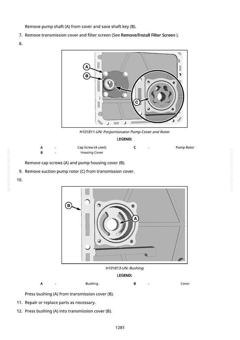 May include: Diagram of mechanical components, including a pump cover, rotor, and bushing. The image includes labels A, B, and C, with corresponding descriptions. Text indicates steps for removal and replacement of parts.