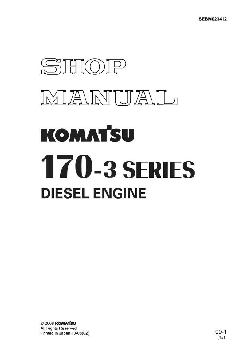 Op de afbeelding: Een witte omslag van een werkplaatshandboek met zwarte tekst. De titel luidt "SHOP MANUAL" boven "KOMATSU 170-3 SERIES DIESEL ENGINE". Het Komatsu-logo is prominent aanwezig. De handleiding is gedrukt in Japan.