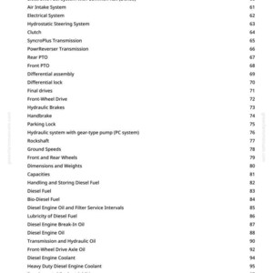 May include: A white page with a list of tractor specifications, including engine, cooling, and electrical systems. The list also includes dimensions, weights, and fuel-related information. Page numbers are on the right.