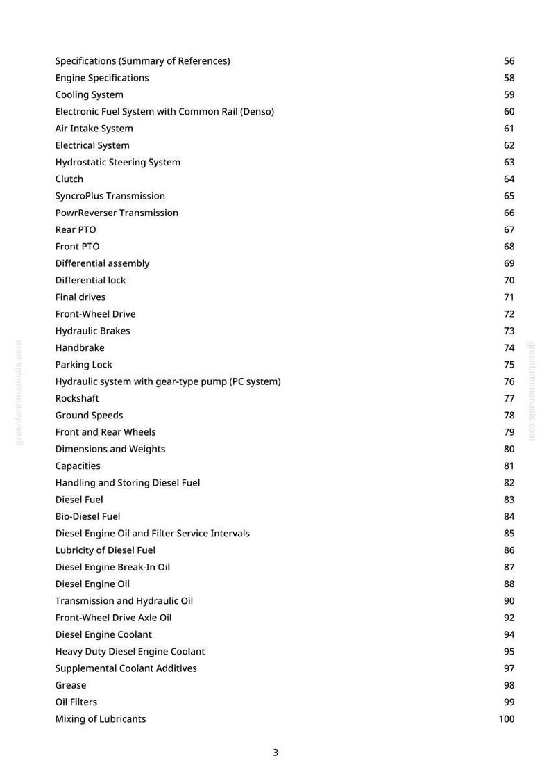 May include: A white page with a list of tractor specifications, including engine, cooling, and electrical systems. The list also includes dimensions, weights, and fuel-related information. Page numbers are on the right.