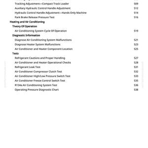 May include: A white page with a detailed table of contents for a manual. The table lists topics such as "Air Conditioning System Cycle Of Operation" and "Refrigerant Cautions and Proper Handling."