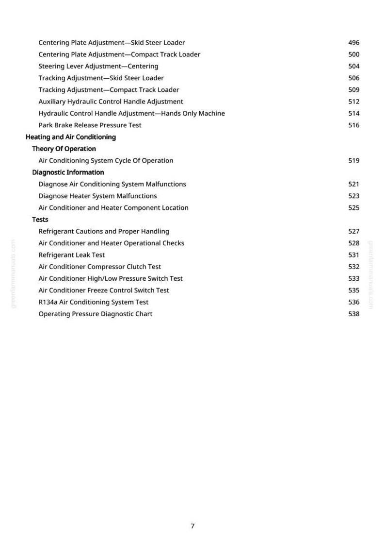 May include: A white page with a detailed table of contents for a manual. The table lists topics such as "Air Conditioning System Cycle Of Operation" and "Refrigerant Cautions and Proper Handling."