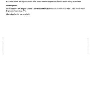 K&ouml;nnte beinhalten: Eine wei&szlig;e Seite mit schwarzem Text, der einen Motordefekt beschreibt. Der Text lautet "ECU 000111.07 - Motor, Fehler - Ausgangssignal der K&uuml;hlmittelstand-Serviceschalter ung&uuml;ltig".
