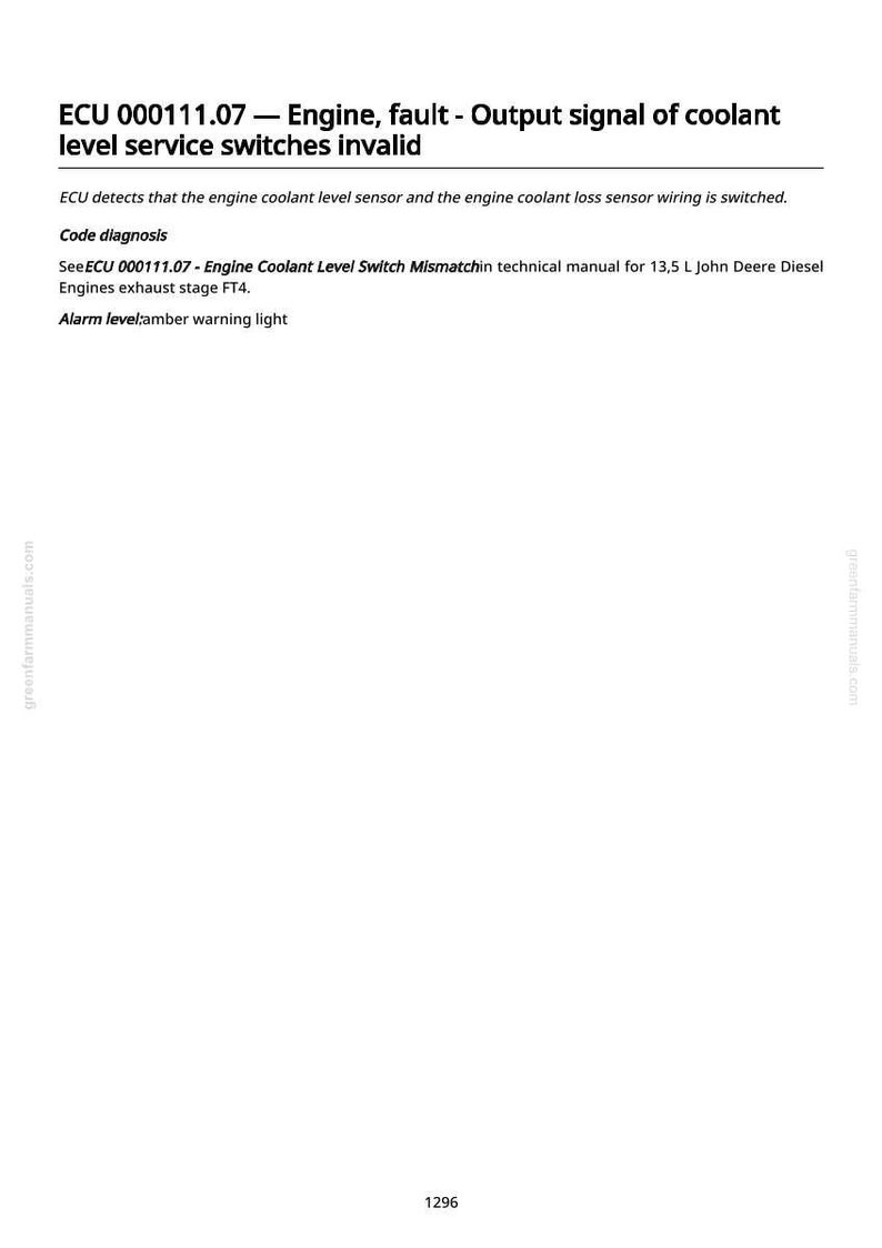 K&ouml;nnte beinhalten: Eine wei&szlig;e Seite mit schwarzem Text, der einen Motordefekt beschreibt. Der Text lautet "ECU 000111.07 - Motor, Fehler - Ausgangssignal der K&uuml;hlmittelstand-Serviceschalter ung&uuml;ltig".