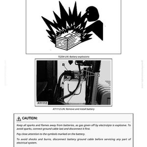 May include: Diagram illustrating battery removal and installation, with a warning about battery explosions. Includes a close-up of battery terminals and safety instructions. Text includes "CAUTION" and steps for disconnecting cables.