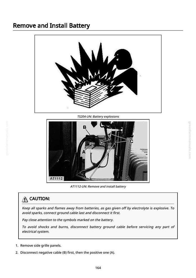 May include: Diagram illustrating battery removal and installation, with a warning about battery explosions. Includes a close-up of battery terminals and safety instructions. Text includes "CAUTION" and steps for disconnecting cables.