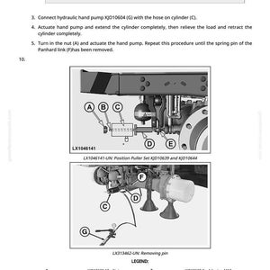 May include: Diagram of tractor components with labels A through G. Includes a hydraulic hand pump, cylinder, and other parts. Text instructions and part numbers are also visible.