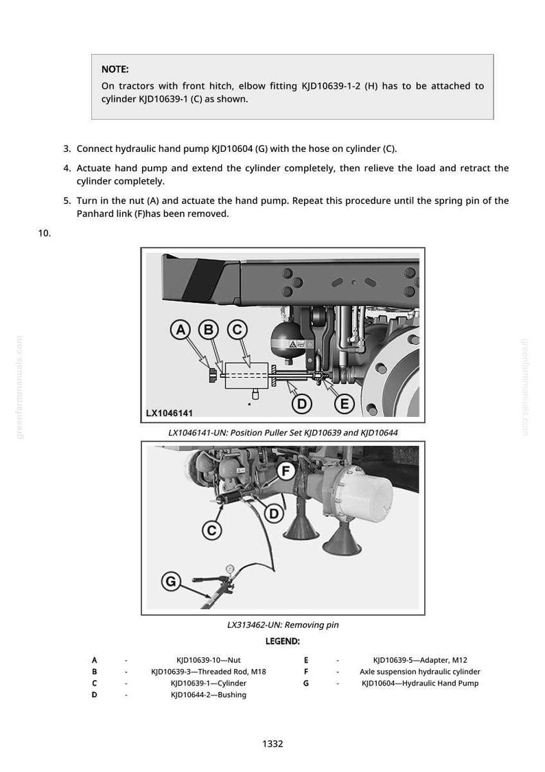 May include: Diagram of tractor components with labels A through G. Includes a hydraulic hand pump, cylinder, and other parts. Text instructions and part numbers are also visible.