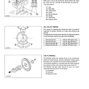 May include: Diagram of engine components, including inlet and exhaust valves, valve timing, and a flywheel. The diagram includes labels and measurements for each part, such as the cap, stem seal, and spring.