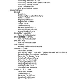 May include: A detailed list of engine service procedures, including calibration, removal, installation, and inspection steps. The text is in black font on a white background, covering topics like the cooling and lubrication systems.