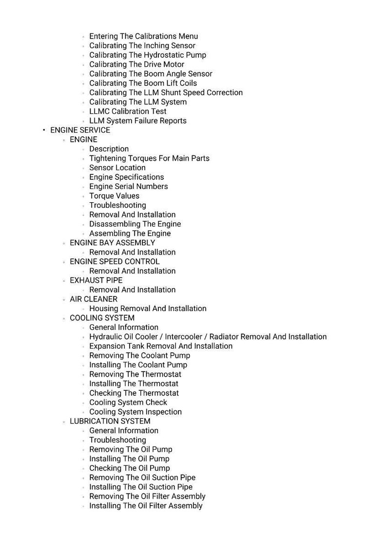 May include: A detailed list of engine service procedures, including calibration, removal, installation, and inspection steps. The text is in black font on a white background, covering topics like the cooling and lubrication systems.