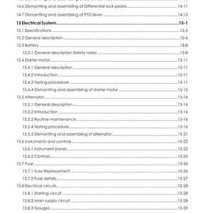 May include: A detailed page from a manual for ARGO tractors, listing sections on electrical systems, including specifications, battery, starter motor, alternator, instruments, and fuses. The text is black on a white background.