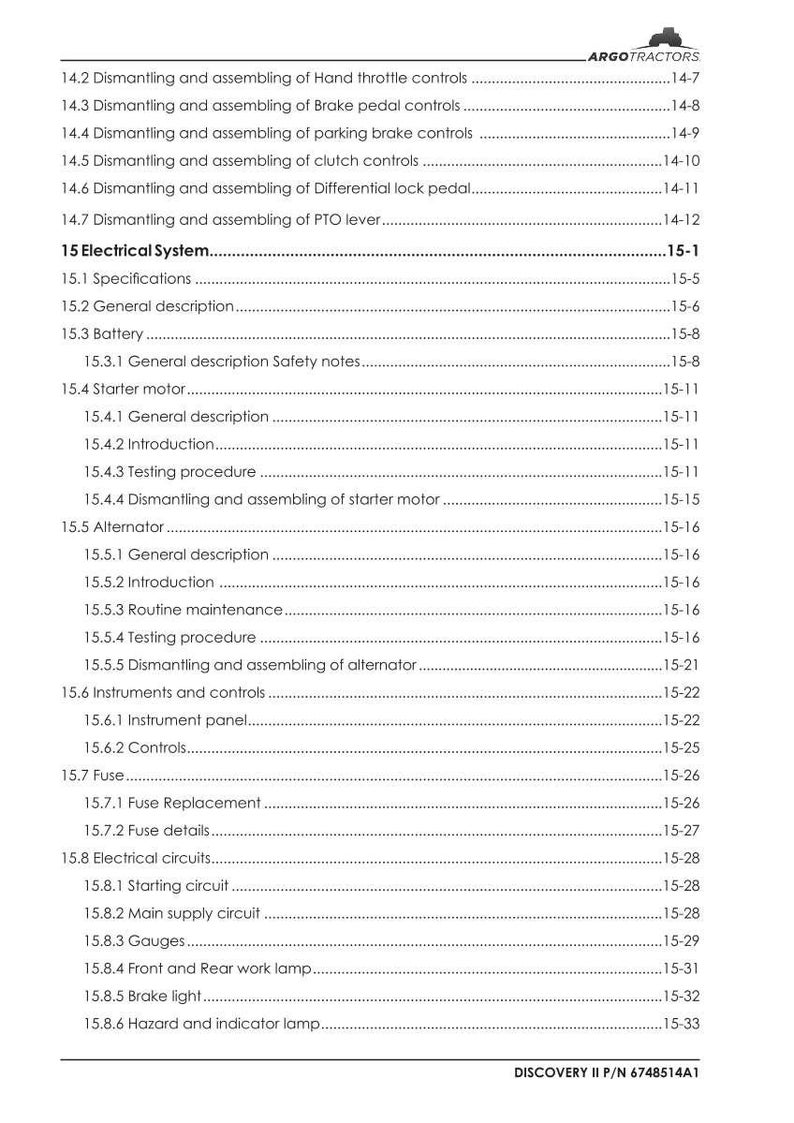 May include: A detailed page from a manual for ARGO tractors, listing sections on electrical systems, including specifications, battery, starter motor, alternator, instruments, and fuses. The text is black on a white background.