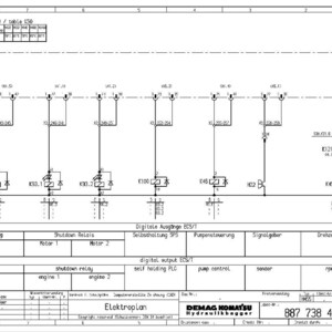May include: A detailed electrical schematic diagram with various components and labels. The diagram includes text in German and English, with labels such as "Shutdown Relay" and "Digital Output ECS/T". The diagram is for a Demag Komatsu hydraulic excavator.