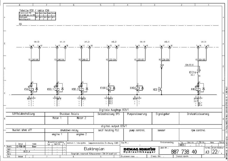 May include: A detailed electrical schematic diagram with various components and labels. The diagram includes text in German and English, with labels such as "Shutdown Relay" and "Digital Output ECS/T". The diagram is for a Demag Komatsu hydraulic excavator.