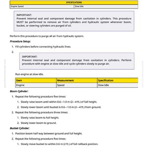 Puede incluir: Una p&aacute;gina de un manual titulada "Procedimiento de Arranque Hidr&aacute;ulico". Detalla los pasos para purgar el aire de los sistemas hidr&aacute;ulicos, incluyendo especificaciones de velocidad del motor y procedimientos para los cilindros de la pluma y el cuchar&oacute;n. Medidas en metros.