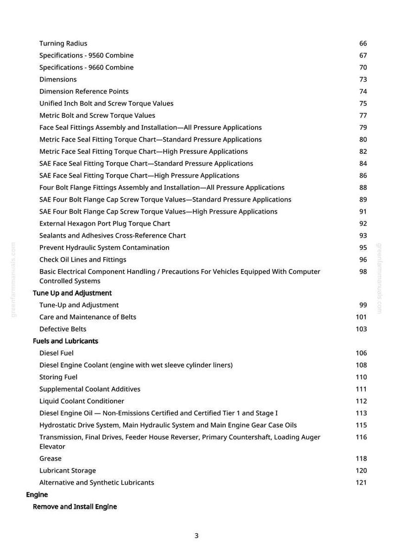 May include: A page from a manual with a table of contents. The text includes specifications, torque values, and maintenance topics. The page number is 3.