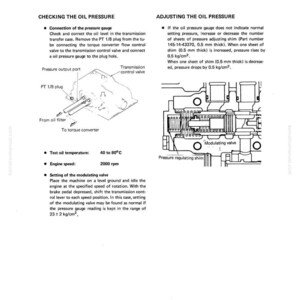 May include: Diagram of a Torqflow transmission with instructions for checking and adjusting oil pressure. Includes illustrations of components like the pressure output port, PT 1/8 plug, and modulating valve. Text details test oil temperature and engine speed.