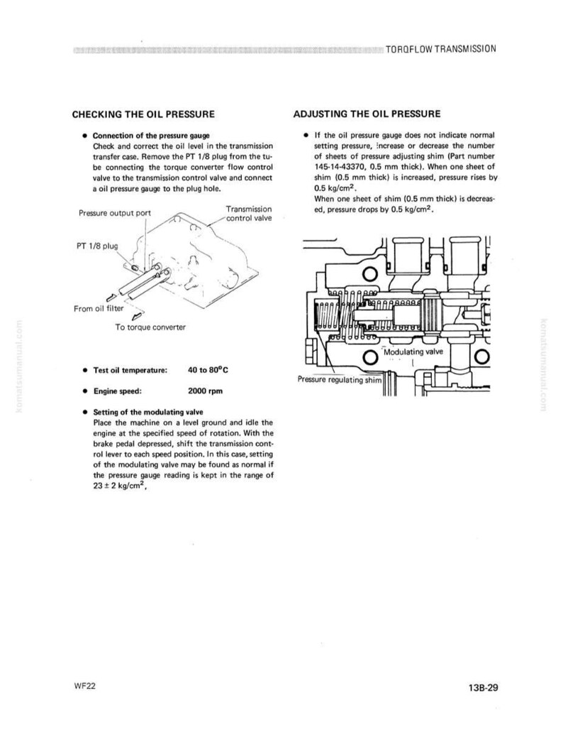 May include: Diagram of a Torqflow transmission with instructions for checking and adjusting oil pressure. Includes illustrations of components like the pressure output port, PT 1/8 plug, and modulating valve. Text details test oil temperature and engine speed.