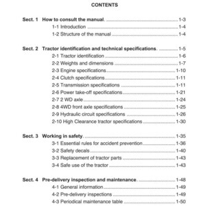 May include: A page from a tractor manual with the title "INTRODUCTION" at the top. The contents include sections on how to consult the manual, tractor specifications, safety, and maintenance. The page number is 1-1.