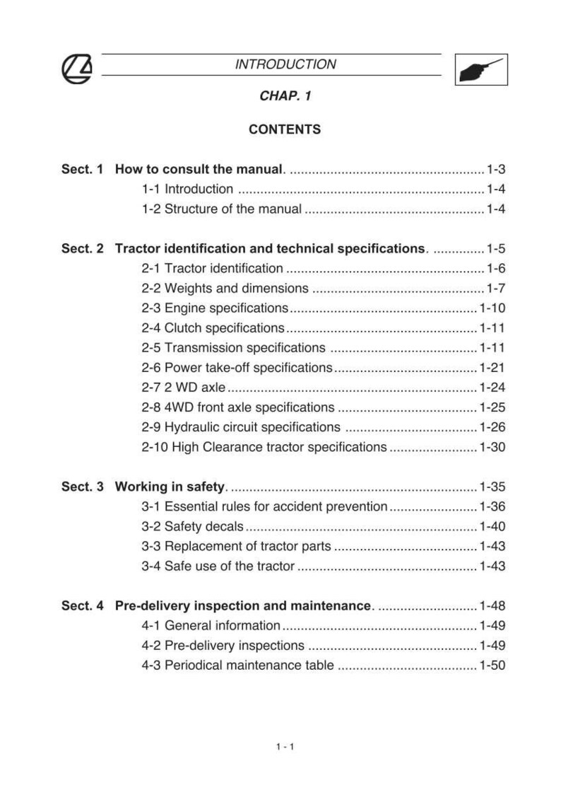May include: A page from a tractor manual with the title "INTRODUCTION" at the top. The contents include sections on how to consult the manual, tractor specifications, safety, and maintenance. The page number is 1-1.