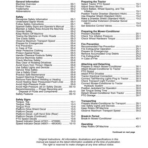 May include: A page from a manual titled "Contents" with a table of contents. The table lists various topics, including safety, fire prevention, and operating procedures. The text is black on a white background.