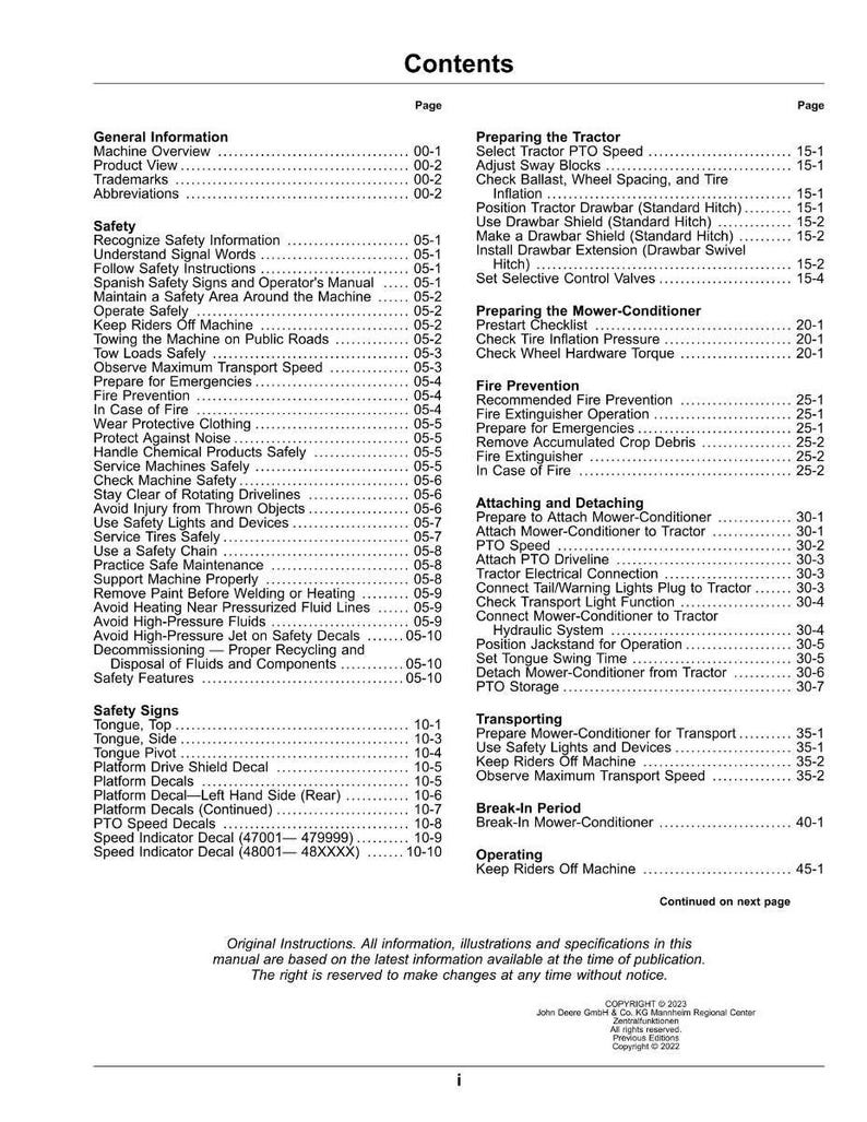 May include: A page from a manual titled "Contents" with a table of contents. The table lists various topics, including safety, fire prevention, and operating procedures. The text is black on a white background.