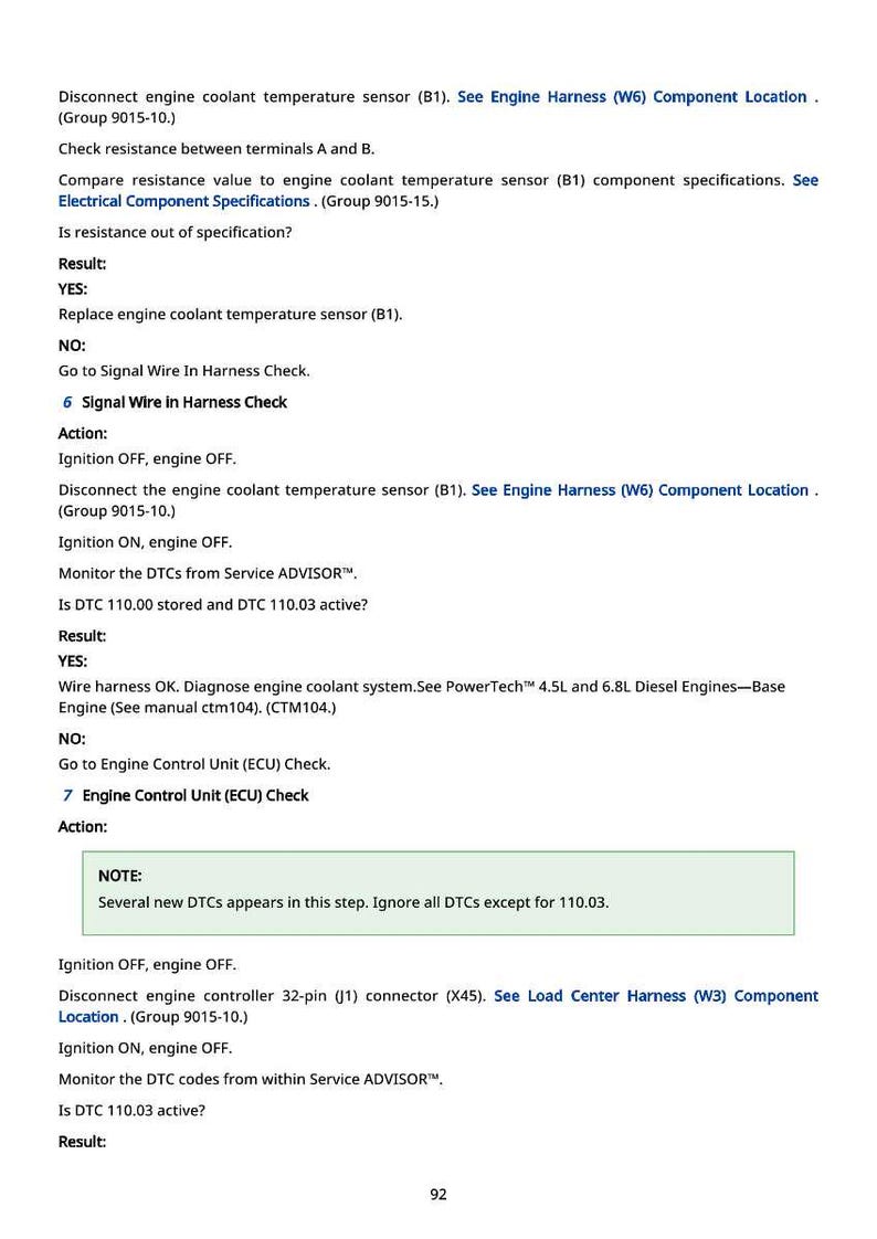 May include: A page from a manual with troubleshooting steps for an engine's coolant temperature sensor. The text includes instructions for checking resistance, diagnosing the engine system, and monitoring DTCs. The page has a note about ignoring DTCs.