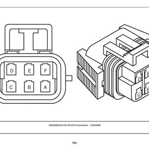 Pu&ograve; includere: Disegno di un connettore elettrico, con vista frontale e laterale. Il connettore ha sei slot per pin etichettati: A, B, C, D, E e F. &Egrave; presente anche il testo "RXA0085574-UN: B13/S15 Connector - 12052848".