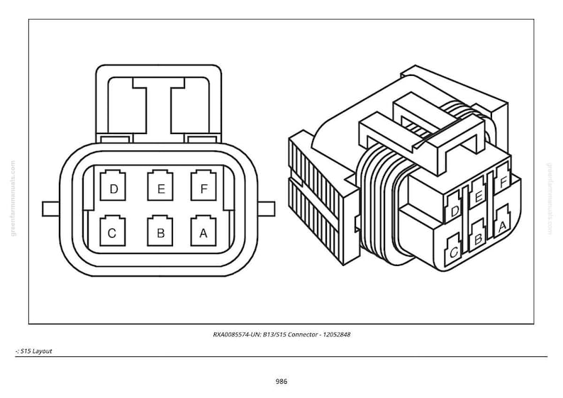 Pu&ograve; includere: Disegno di un connettore elettrico, con vista frontale e laterale. Il connettore ha sei slot per pin etichettati: A, B, C, D, E e F. &Egrave; presente anche il testo "RXA0085574-UN: B13/S15 Connector - 12052848".