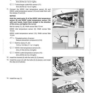 May include: Diagram illustrating the KDOC assembly process, detailing sensor installation and bracket attachment. The image provides text instructions and diagrams for the ammonia sensor, NOx sensors, and DEF mixing tube. Measurements are in Nm and kgfm.