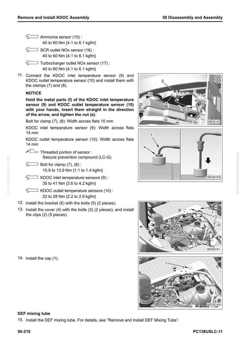 May include: Diagram illustrating the KDOC assembly process, detailing sensor installation and bracket attachment. The image provides text instructions and diagrams for the ammonia sensor, NOx sensors, and DEF mixing tube. Measurements are in Nm and kgfm.