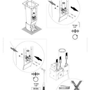 May include: Technical diagram with multiple views of mechanical components, including a rectangular housing, bolts, and a torque wrench. Measurements are provided in inches and foot-pounds. The word "OK" is visible.