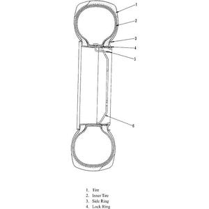 May include: Detailed diagram of a tire, showcasing its components. The image includes labels for the tire, inner tire, side ring, lock ring, air inlet, and spoke. The diagram is in black and white.