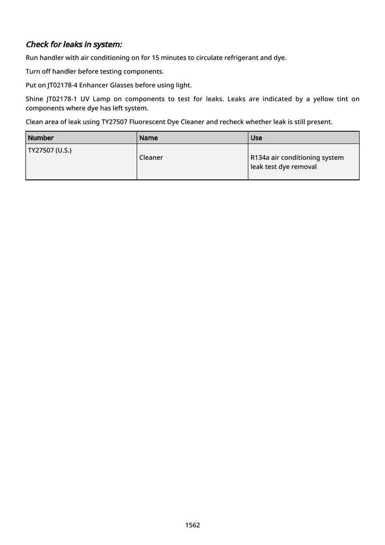 May include: White document with instructions for checking air conditioning system leaks. Text includes steps like running the handler, using UV lamps, and cleaning the leak area with a cleaner. A table lists the cleaner and its use.