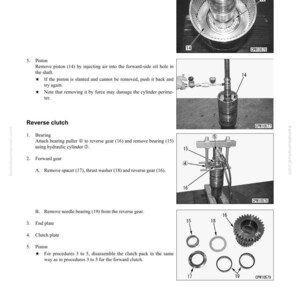 May include: Technical diagram showing disassembly and assembly instructions for a transmission clutch pack. Includes images of components like a thrust washer, piston, bearing, and gears. Text details procedures and part numbers.