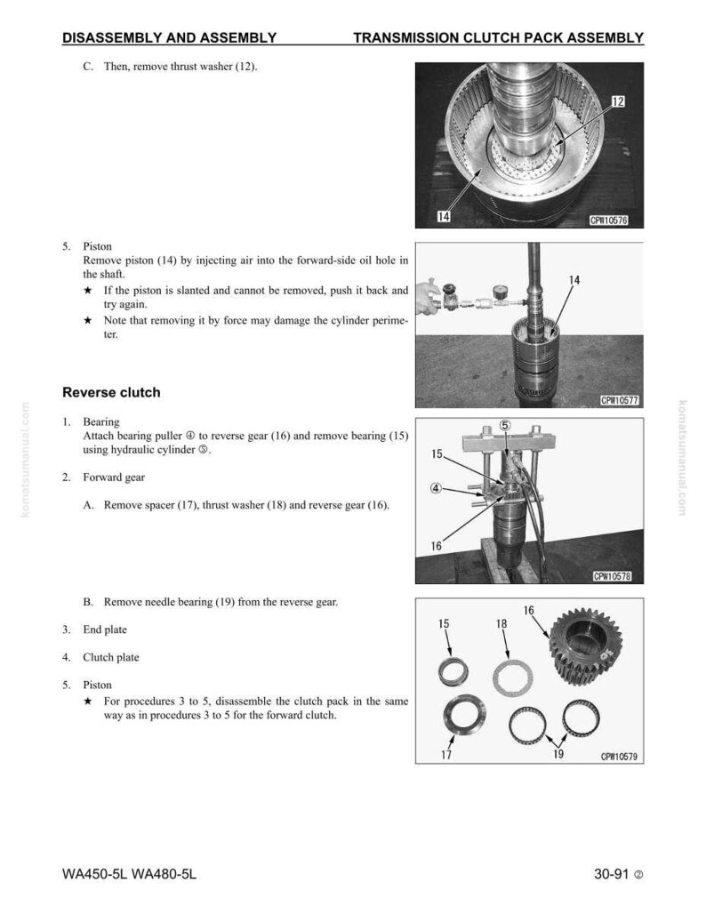 May include: Technical diagram showing disassembly and assembly instructions for a transmission clutch pack. Includes images of components like a thrust washer, piston, bearing, and gears. Text details procedures and part numbers.