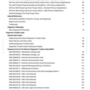 May include: A detailed table of contents from a manual, listing various topics such as face seal fittings, diagnostic trouble codes, and software diagnostics. The document includes page numbers for easy reference.