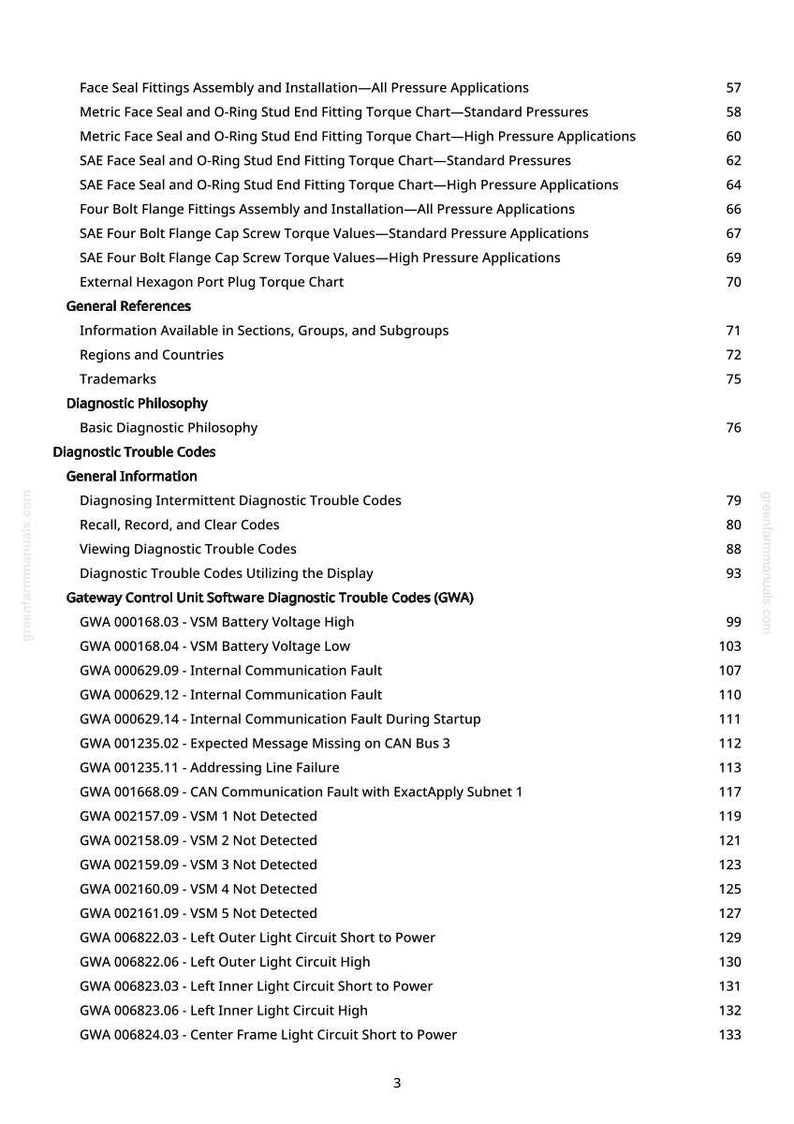 May include: A detailed table of contents from a manual, listing various topics such as face seal fittings, diagnostic trouble codes, and software diagnostics. The document includes page numbers for easy reference.