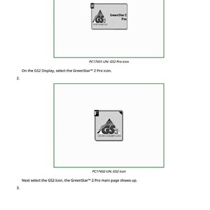 Puede incluir: Diagrama con dos capturas de pantalla de una interfaz digital. La primera muestra un icono "GreenStar 2 Pro", la segunda un icono "GS2". El texto debajo describe el proceso de selecci&oacute;n.