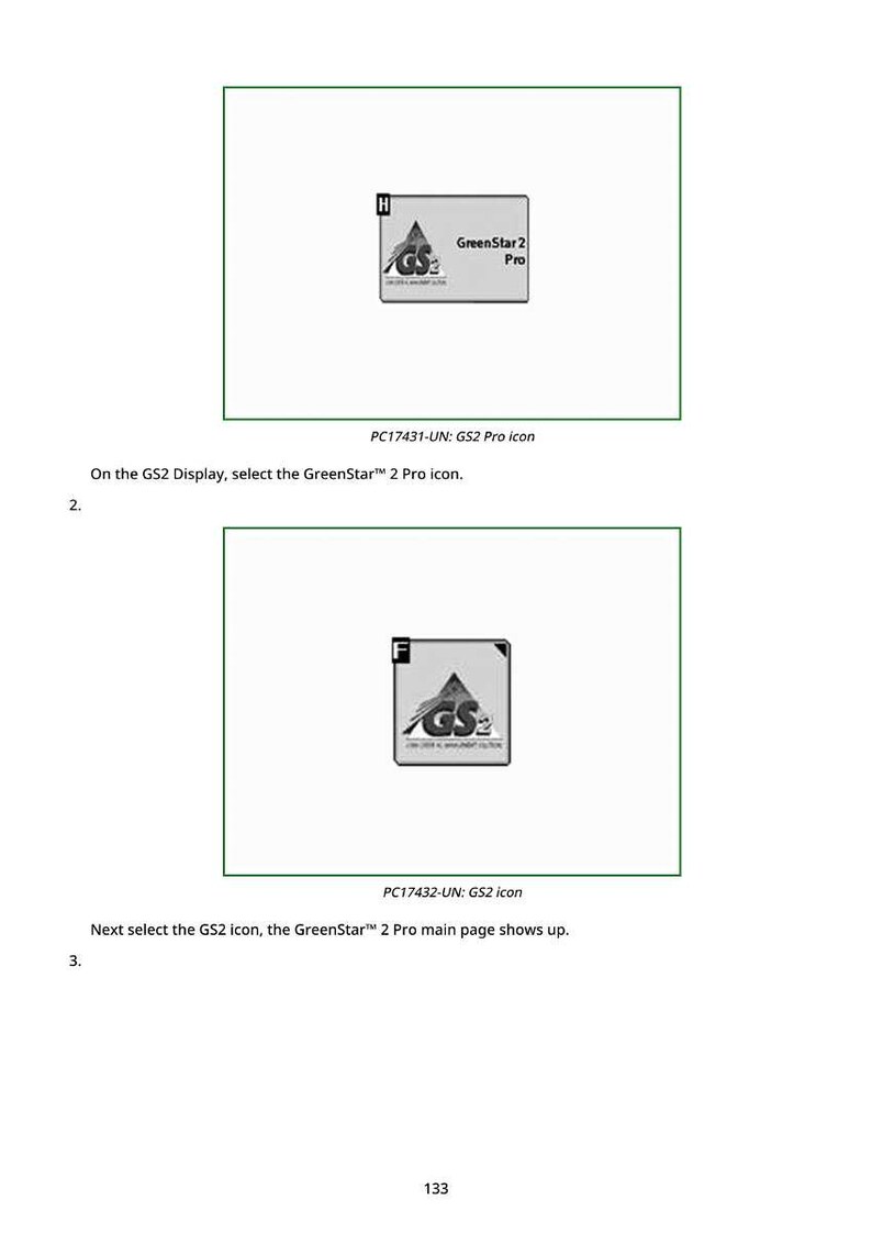 Puede incluir: Diagrama con dos capturas de pantalla de una interfaz digital. La primera muestra un icono "GreenStar 2 Pro", la segunda un icono "GS2". El texto debajo describe el proceso de selecci&oacute;n.