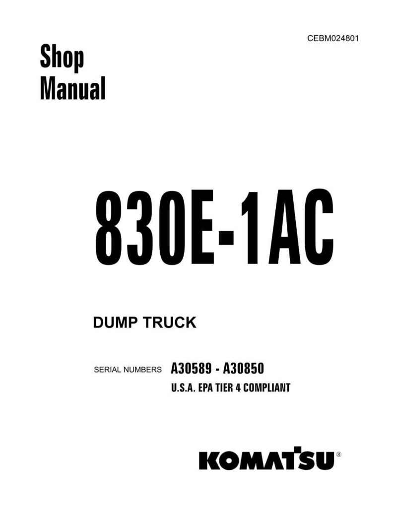 Op de afbeelding: Een witte shop manual cover met de tekst "Shop Manual" in vette zwarte letters. De titel van de handleiding, "830E-1AC DUMP TRUCK", staat prominent weergegeven. Bevat serienummers en de tekst "U.S.A. EPA TIER 4 COMPLIANT". Het Komatsu-logo staat onderaan.